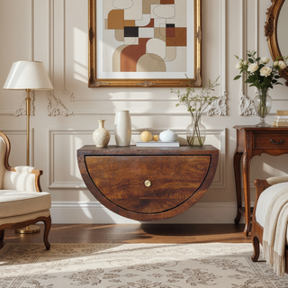 Sunvega Solid Mango Wood Wall Mounted Crescent Nightstand with Drawer