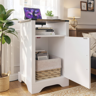 Sunvega White Oak Farmhouse Nightstand with Charging Station and Ample Storage