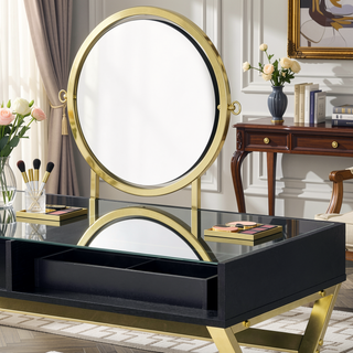 Sunvega White and Gold Vanity Desk with Mirror and Jewelry Storage Tray