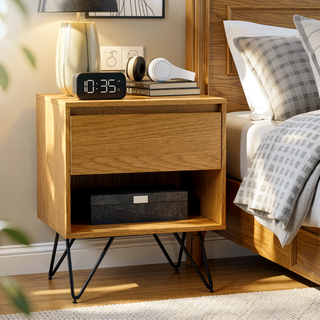 Sunvega Industrial Modern Oak Veneer Nightstand with Drawer and Open Storage