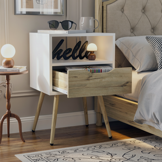 Sunvega Smokey Oak and White Finish Nightstand with Open Shelf and Drawer