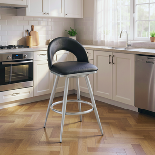 Sunvega Swivel Counter Stool with Black Faux Leather Upholstery and Brushed Stainless Steel