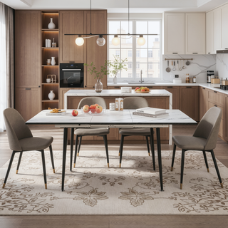 Sunvega Expandable MDF Square White Marble Dining Table with Black Metal Legs