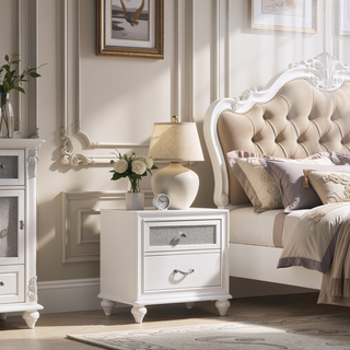 Sunvega White Nightstand with Two Spacious Drawers and Crystal Hardware