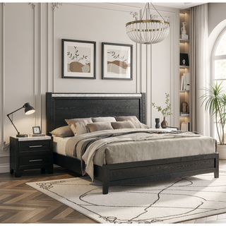 Sunvega Modern Nightstand with Faux Marble Top Two Drawers Black Finish