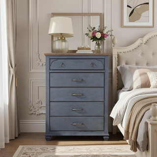 Sunvega Corduroy Blue Finish No Assembly Required Five Drawer Chest with Antique Pewter Hardware