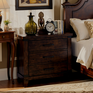 Sunvega Rustic Style Dark Walnut Finish Solid Wood Nightstand with 3 Drawers