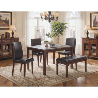 Sunvega 5 Piece Dining Set with Upholstered Chairs Bench and Faux Marble Tabletop