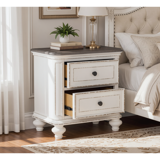 Sunvega Antique White and Brown-Gray Finish Nightstand with Black Knobs and Dovetail Drawers