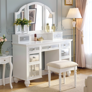 Sunvega White Finish Transitional Vanity Set with Stool and 3-Sided Mirror Storage