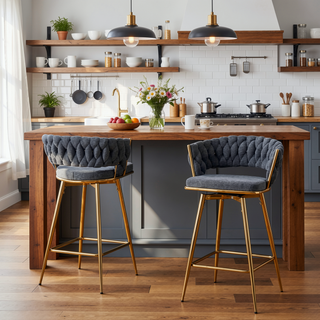 Sunvega 360 Swivel Bar Stools with Cotton Linen Cushions and Electroplated Metal Frame