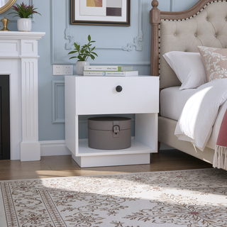 Sunvega White Finish One Drawer Nightstand with Shelf for Bedroom Decor