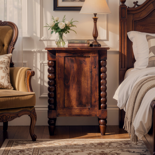 Sunvega Solid Mango Wood Bexley Spindle Bedside Table in Winewood Oak Finish