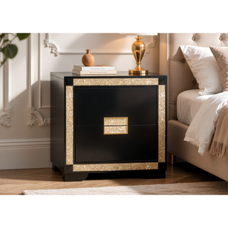 Sunvega Lively Black and Gold Nightstand with Glitter Detail and Spacious Drawers