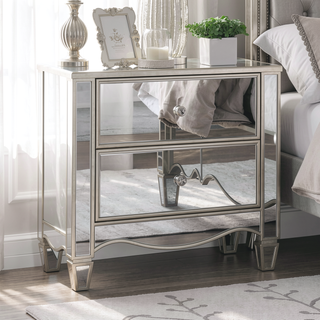 Sunvega Glam Silver Finish Nightstand with Mirror Panels and Crystal Knobs