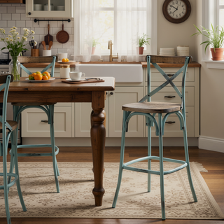 Sunvega Vintage-Style Bar Stool with Cross Back Wooden Seat and Metal X Base