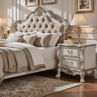 Sunvega Vintage Bone White Nightstand with Two Felt-Lined Drawers and Wooden Claw Legs