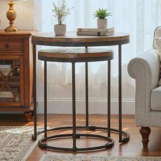 Sunvega Solid Mango Wood Round Stool Set with Iron Base and Oak Finish