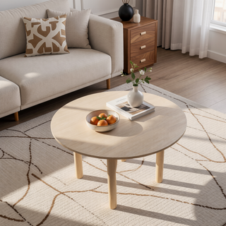 Sunvega Light Brown Round Dining Table with Washed Oak Finish and Adjustable Levelers