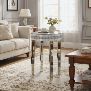 Sunvega Diamond-Cut Round Mirror Breakfast Table with Tempered Glass Top for Small Spaces
