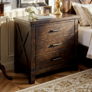 Sunvega Rustic Style Dark Walnut Finish Solid Wood Nightstand with 3 Drawers