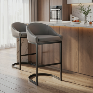Sunvega Black Metal Counter Stool with Gray Faux Leather Upholstery