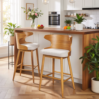 Sunvega Mid-Century Upholstered Rubberwood Bar Stools Set of Two