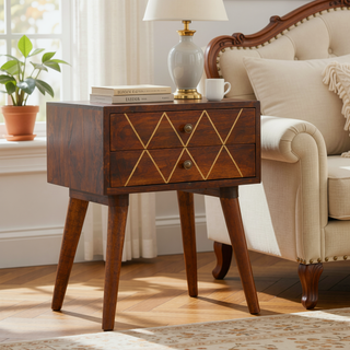 Sunvega Gold and Brown Geo Brass Inlay Bedside Table with Nordic Legs and 2 Drawers