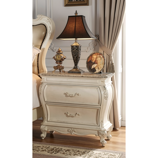 Sunvega Pearl White Finish Nightstand with Granite Top and Two Spacious Drawers
