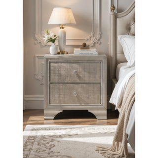 Sunvega Modern Glam Two Drawer Nightstand with Embossed Crocodile Pattern and Champagne Finish