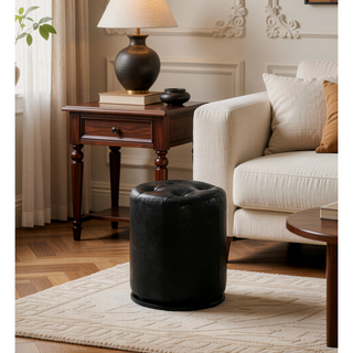 Sunvega Black Contemporary Upholstered Vanity Stool with Button Tufted Seat