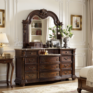 Sunvega Dark Walnut Wood Dresser with 11 Spacious Drawers and Carved Details