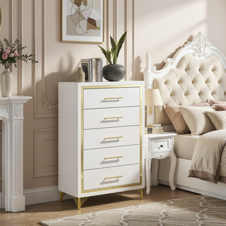Sunvega Bright White Modern Five-Drawer Chest with Gold Trim for Bedroom