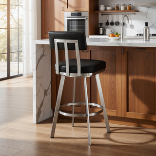 Sunvega Brushed Stainless Steel Swivel Bar Stool with Black Faux Leather Upholstery