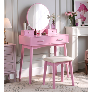 Sunvega Contemporary White Wood Vanity and Stool Set with Round Mirror