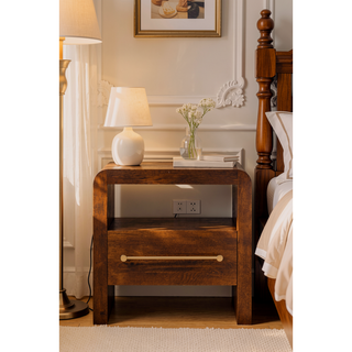 Sunvega Solid Oak Bedside Table with Brass Handle and Open Shelf