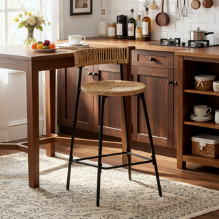 Sunvega Hand Woven Paper Rope Bar Stools with Backrest and Footrest for Kitchen Island