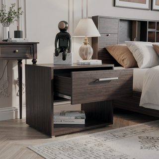 Sunvega Dark Walnut Nightstand with Spacious Drawer and Open Shelf for Bedroom
