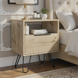 Sunvega Light Oak Nightstand with Single Door Cabinet and Open Shelf
