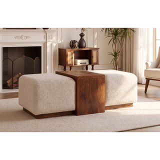 Sunvega Solid Mango Wood Duo Bench with Boucle Seats in Warm Honey Caramel Finish