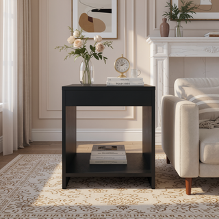 Sunvega Modern Black Nightstand with Spacious Lower Shelf for Bedroom