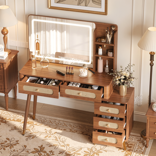 Sunvega Vintage Rattan Makeup Vanity with Mirror Lights and 5 Drawers