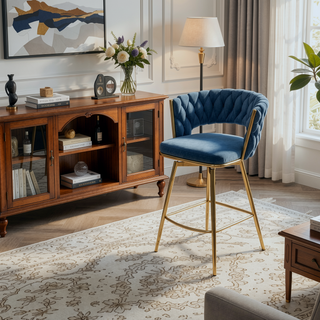 Sunvega Set of 2 Blue Suede Woven Swivel Bar Stools with Golden Legs and Footrest