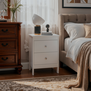 Sunvega Modern White Nightstand with Dual Drawers and Open Shelf for Bedroom