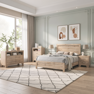 Sunvega Natural Finish Contemporary Nightstand with Two Drawers and Metal Handles