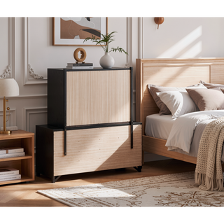 Sunvega Modern Black Wood Veneer Nightstand with Two Drawers for Bedroom