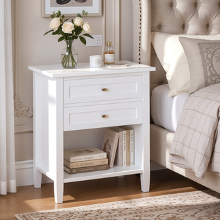 Sunvega White Transitional Nightstand with Two Drawers and Open Shelf 24 Inch Wide