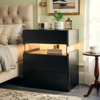 Sunvega LED Nightstand with Acrylic Board and RGB Lights 3 Drawer Bedside Table