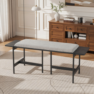 Sunvega Contemporary Black Metal and Grey Fabric Bench with Distressed Wood Accent