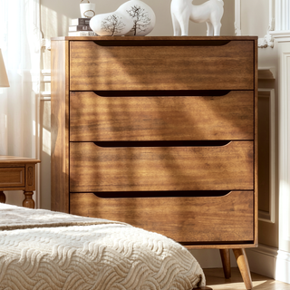 Sunvega Mid-Century Modern Black Chest with 4 Recessed Handle Drawers and Tapered Legs